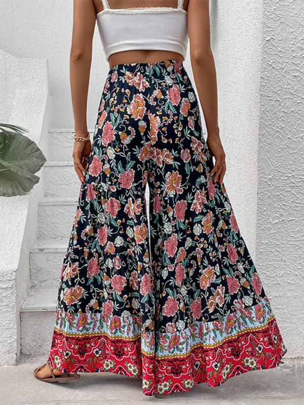 Trousers- Floral High Rise Wide Leg Trousers - Dramatic Flare Pants- - IndioGear Fashion and Gear