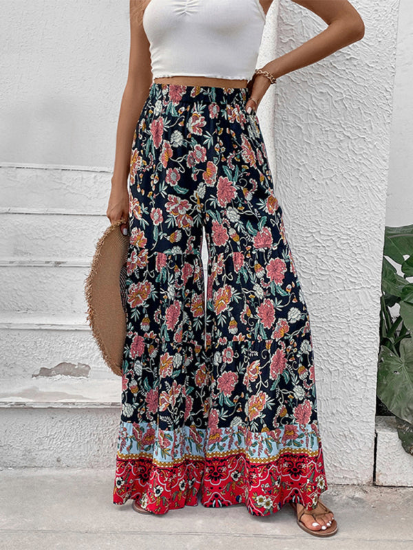 Trousers- Floral High Rise Wide Leg Trousers - Dramatic Flare Pants- - IndioGear Fashion and Gear