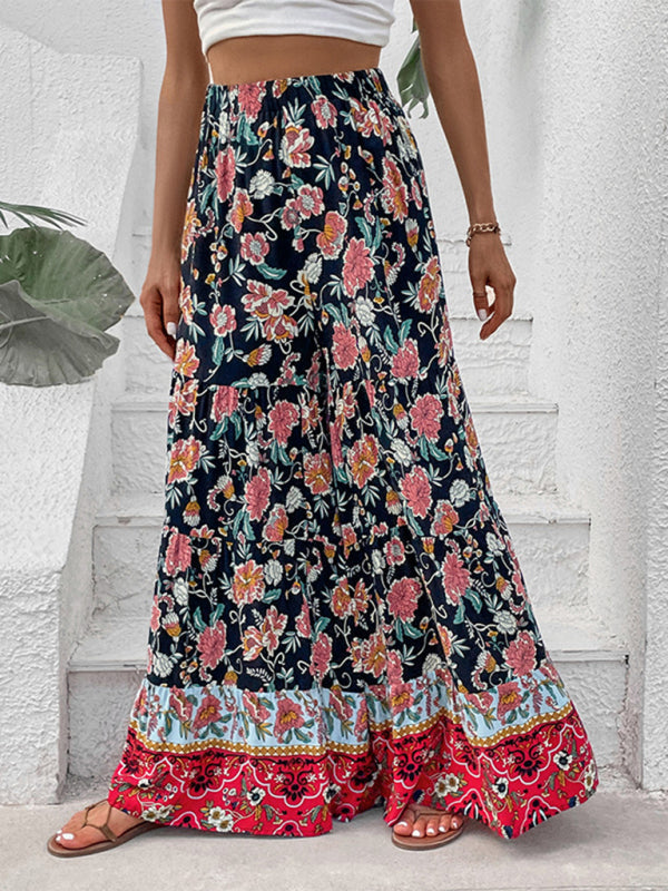 Trousers- Floral High Rise Wide Leg Trousers - Dramatic Flare Pants- - IndioGear Fashion and Gear