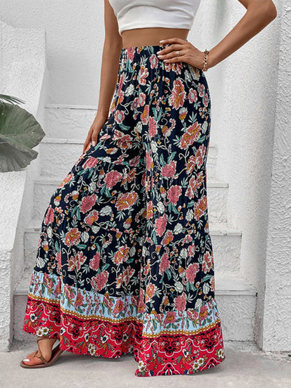 Trousers- Floral High Rise Wide Leg Trousers - Dramatic Flare Pants- - IndioGear Fashion and Gear