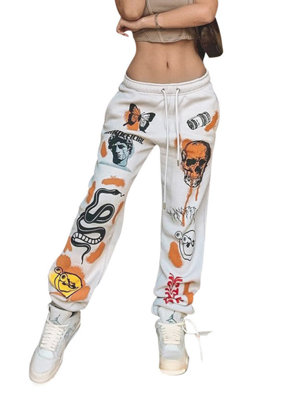 Trousers- Halloween Adjustable High Waist Fleece Trousers - Spooky Print Pants- - IndioGear Fashion and Gear