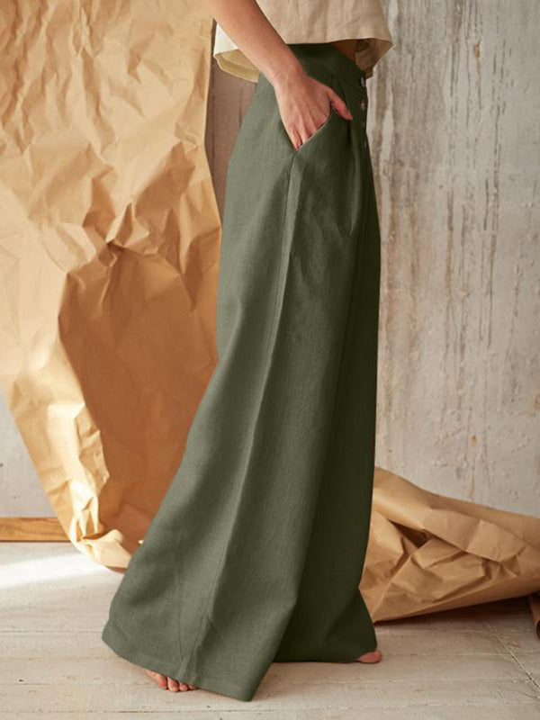 Trousers- High Rise Pants - Wide Leg, Side Pockets Cotton-Linen Trousers- - IndioGear Fashion and Gear