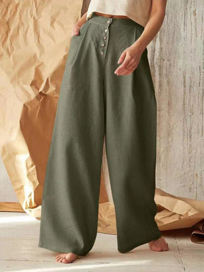 Trousers- High Rise Pants - Wide Leg, Side Pockets Cotton-Linen Trousers- Green- IndioGear Fashion and Gear