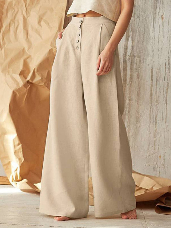 Trousers- High Rise Pants - Wide Leg, Side Pockets Cotton-Linen Trousers- Khaki- IndioGear Fashion and Gear