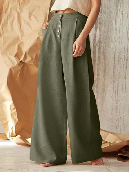 Trousers- High Rise Pants - Wide Leg, Side Pockets Cotton-Linen Trousers- - IndioGear Fashion and Gear