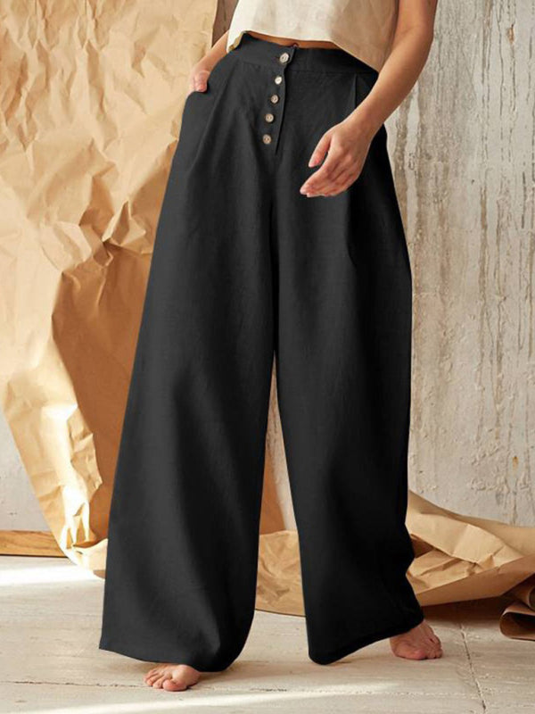 Trousers- High Rise Pants - Wide Leg, Side Pockets Cotton-Linen Trousers- Black- IndioGear Fashion and Gear