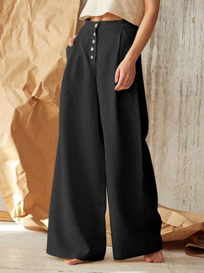 Trousers- High Rise Pants - Wide Leg, Side Pockets Cotton-Linen Trousers- - IndioGear Fashion and Gear