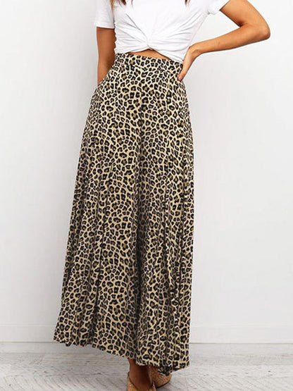 Trousers- High-Waisted Wide-Leg Pants - Leopard Palazzo Trousers!- - IndioGear Fashion and Gear