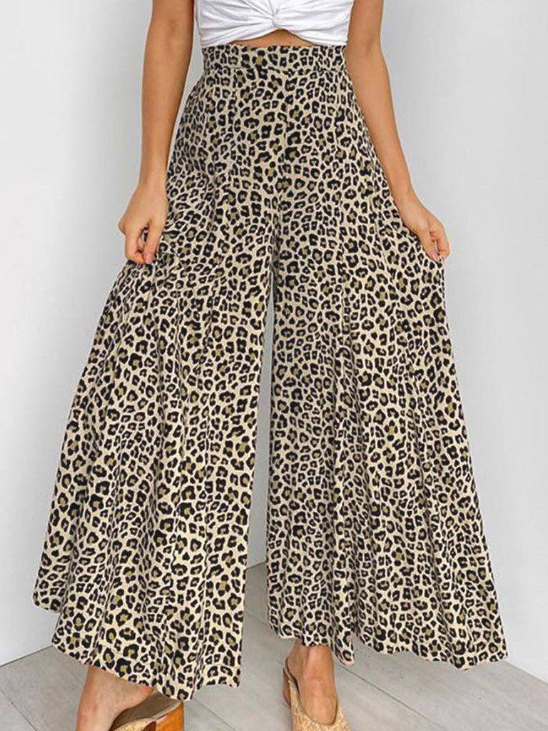 Trousers- High-Waisted Wide-Leg Pants - Leopard Palazzo Trousers!- Leopard- IndioGear Fashion and Gear