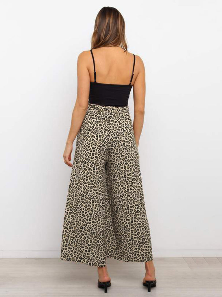 Trousers- High-Waisted Wide-Leg Pants - Leopard Palazzo Trousers!- - IndioGear Fashion and Gear