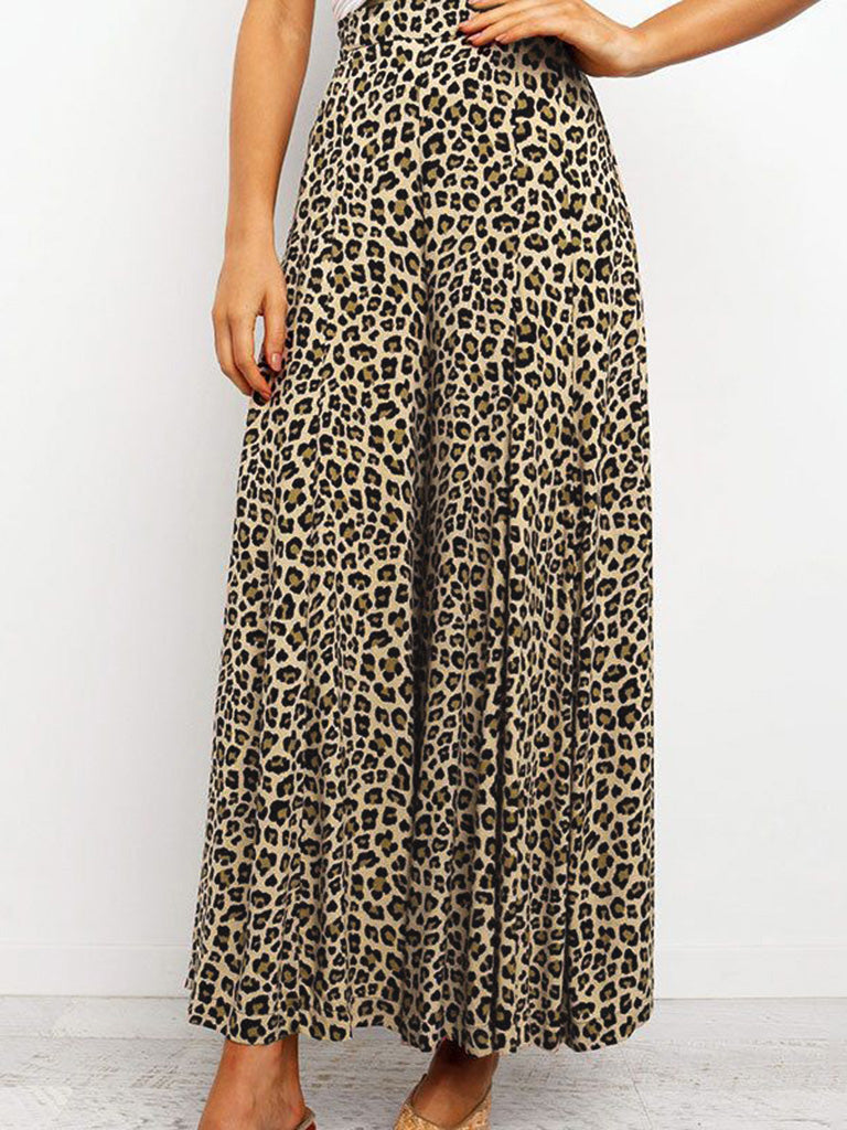 Trousers- High-Waisted Wide-Leg Pants - Leopard Palazzo Trousers!- - IndioGear Fashion and Gear