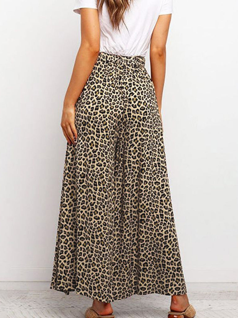 Trousers- High-Waisted Wide-Leg Pants - Leopard Palazzo Trousers!- - IndioGear Fashion and Gear