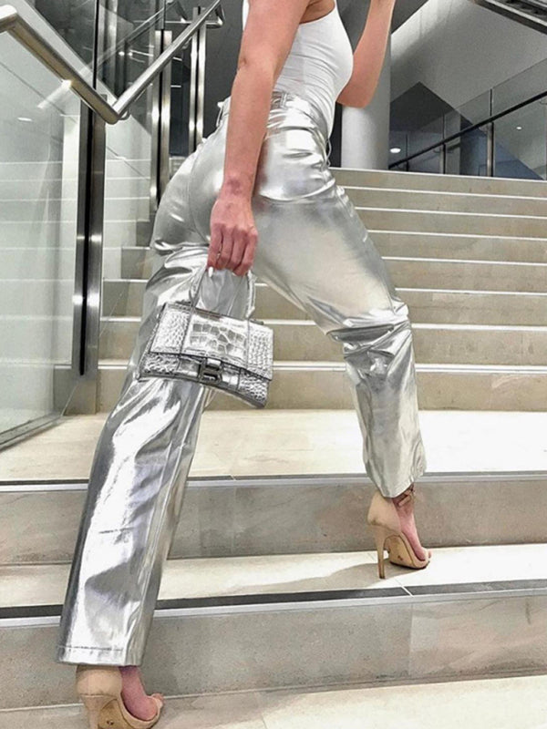 Trousers- Metallic Silver High Rise Trousers - Women's Sparkly Pants- - IndioGear Fashion and Gear