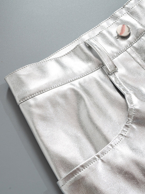 Trousers- Metallic Silver High Rise Trousers - Women's Sparkly Pants- - IndioGear Fashion and Gear