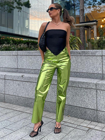 Trousers- Metallic Silver High Rise Trousers - Women's Sparkly Pants- Green- IndioGear Fashion and Gear