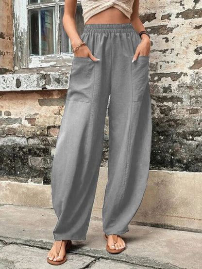 Trousers- Patch Pocket Pants: Elastic High Waistband, Wide Leg Trousers- Grey- IndioGear Fashion and Gear