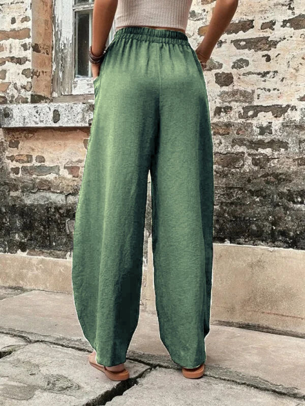 Trousers- Patch Pocket Pants: Elastic High Waistband, Wide Leg Trousers- - IndioGear Fashion and Gear