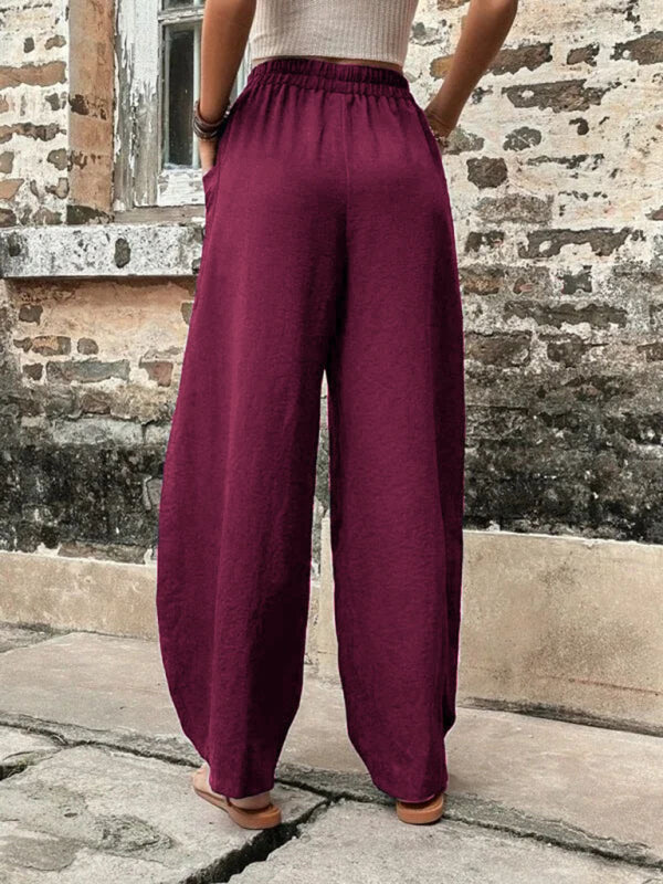 Trousers- Patch Pocket Pants: Elastic High Waistband, Wide Leg Trousers- - IndioGear Fashion and Gear