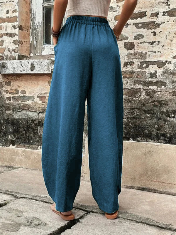 Trousers- Patch Pocket Pants: Elastic High Waistband, Wide Leg Trousers- - IndioGear Fashion and Gear