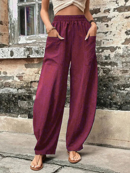 Trousers- Patch Pocket Pants: Elastic High Waistband, Wide Leg Trousers- Wine Red- IndioGear Fashion and Gear