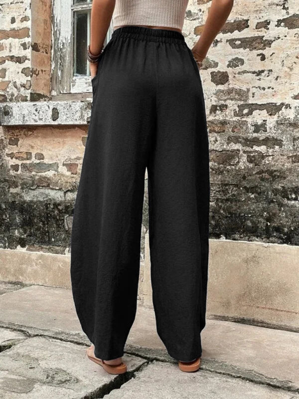 Trousers- Patch Pocket Pants: Elastic High Waistband, Wide Leg Trousers- - IndioGear Fashion and Gear