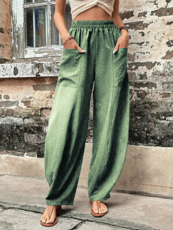 Trousers- Patch Pocket Pants: Elastic High Waistband, Wide Leg Trousers- Green- IndioGear Fashion and Gear