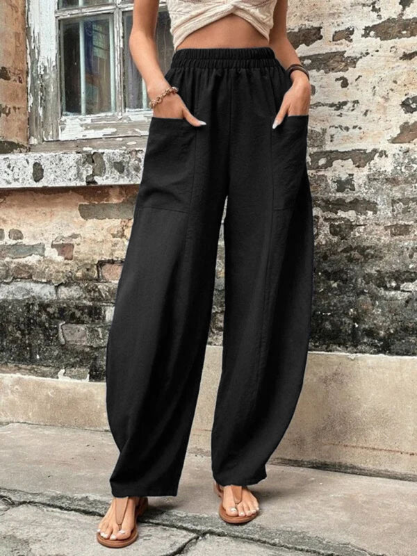 Trousers- Patch Pocket Pants: Elastic High Waistband, Wide Leg Trousers- Black- IndioGear Fashion and Gear