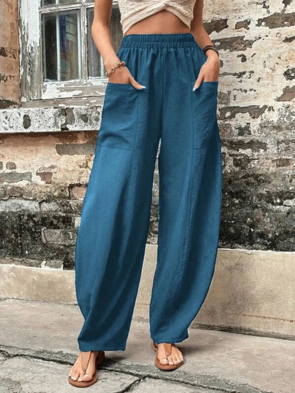 Trousers- Patch Pocket Pants: Elastic High Waistband, Wide Leg Trousers- Peacock blue- IndioGear Fashion and Gear