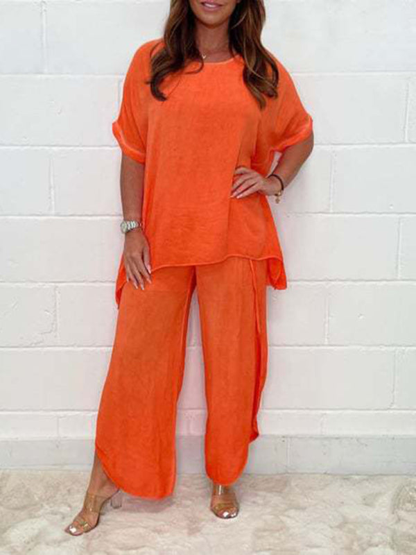 Trousers Set- Casual Vacation Outfit Short Sleeve Top + Wide-Leg Pants 2-Piece- Orange- IndioGear Fashion and Gear