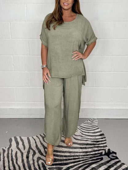 Trousers Set- Casual Vacation Outfit Short Sleeve Top + Wide-Leg Pants 2-Piece- Olive green- IndioGear Fashion and Gear