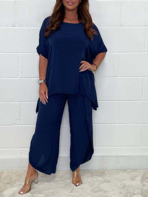 Trousers Set- Casual Vacation Outfit Short Sleeve Top + Wide-Leg Pants 2-Piece- Navy Blue- IndioGear Fashion and Gear