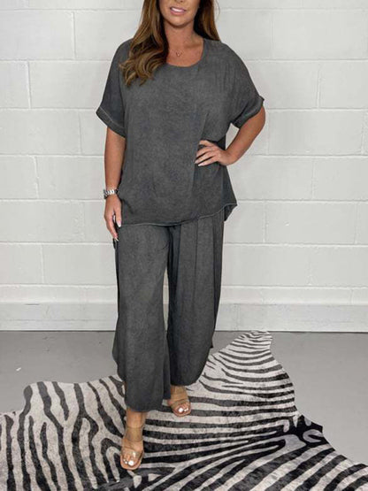 Trousers Set- Casual Vacation Outfit Short Sleeve Top + Wide-Leg Pants 2-Piece- Charcoal grey- IndioGear Fashion and Gear