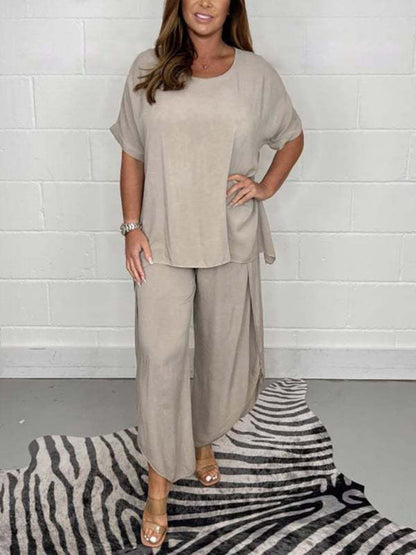 Trousers Set- Casual Vacation Outfit Short Sleeve Top + Wide-Leg Pants 2-Piece- Khaki- IndioGear Fashion and Gear