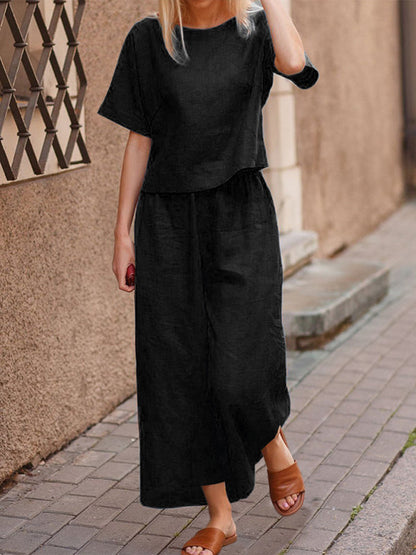 Trousers Set- Cotton-Linen Set: Top + Culottes- Black- Pekosa Women Clothing