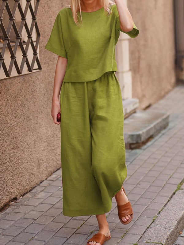 Trousers Set- Cotton-Linen Set: Top + Culottes- Lemon Green- Pekosa Women Clothing