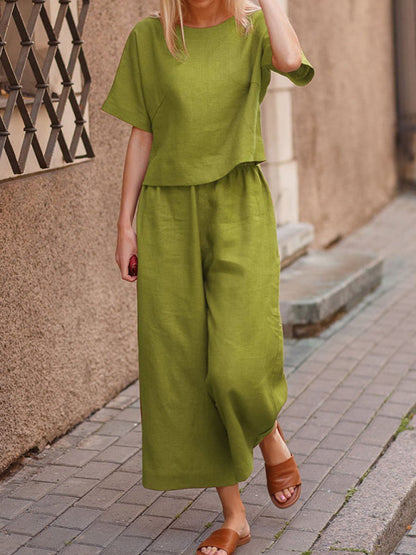 Trousers Set- Cotton-Linen Set: Top + Culottes- Lemon Green- Pekosa Women Clothing