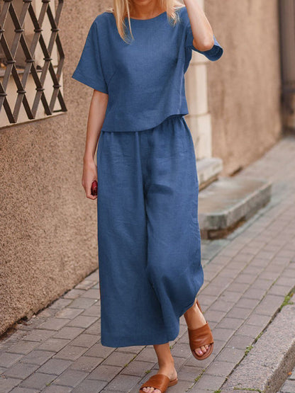 Trousers Set- Cotton-Linen Set: Top + Culottes- Blue- Pekosa Women Clothing