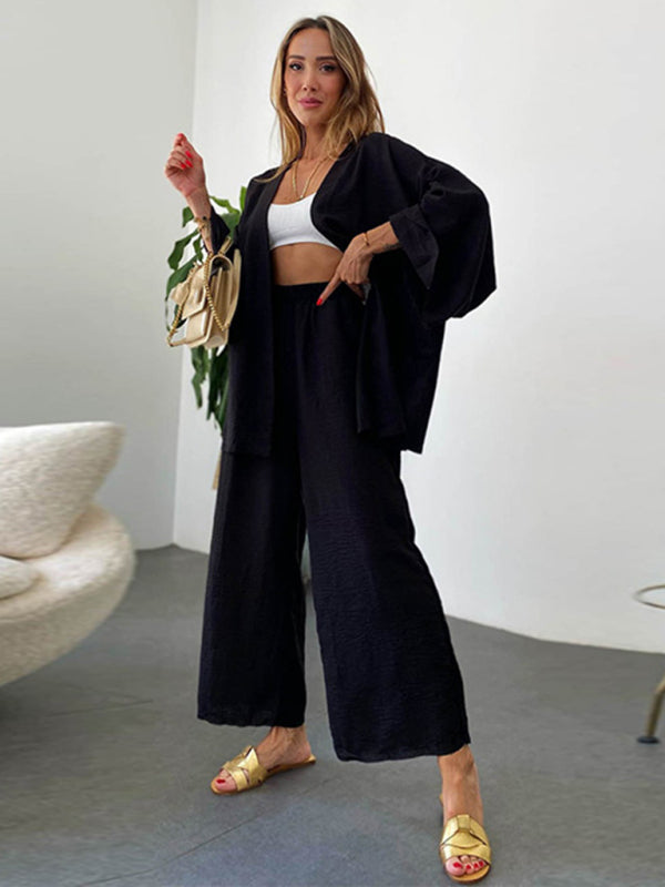 Trousers Set- Lounge Vacation Long Sleeve Cardigan and Wide-Leg Pants- - IndioGear Fashion and Gear