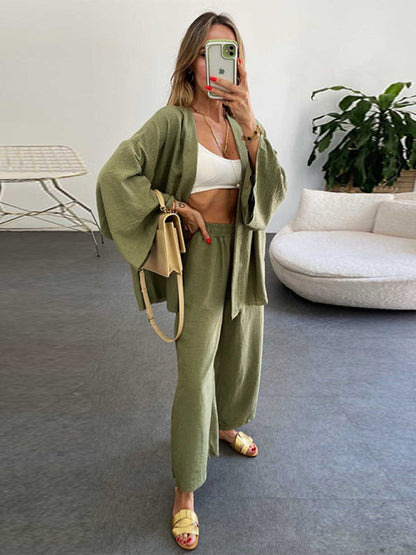 Trousers Set- Lounge Vacation Long Sleeve Cardigan and Wide-Leg Pants- Green- IndioGear Fashion and Gear