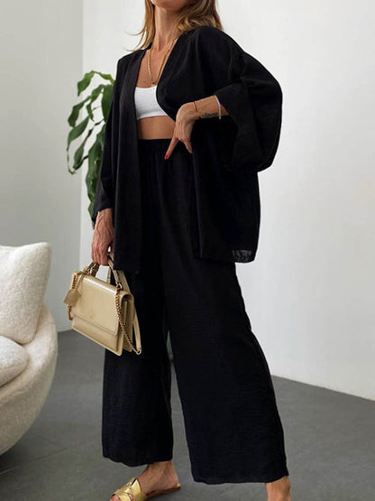 Trousers Set- Lounge Vacation Long Sleeve Cardigan and Wide-Leg Pants- Black- IndioGear Fashion and Gear