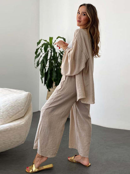 Trousers Set- Lounge Vacation Long Sleeve Cardigan and Wide-Leg Pants- - IndioGear Fashion and Gear