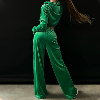 Trousers Set- Sportish Velvet Outfit: Hoodie & Wide-leg Trousers- - Pekosa Women Clothing