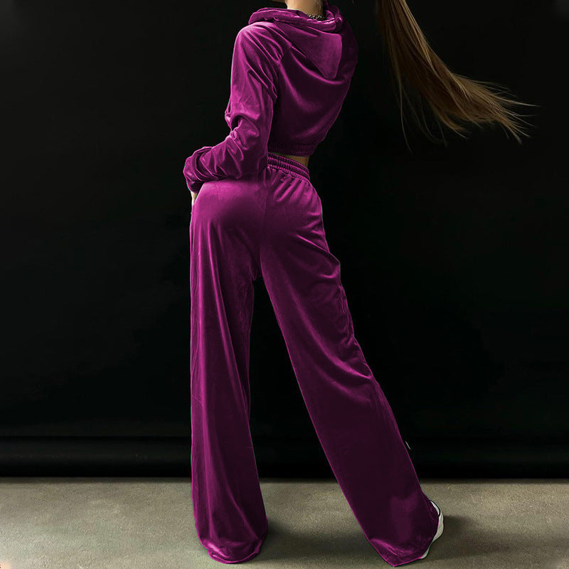 Trousers Set- Sportish Velvet Outfit: Hoodie & Wide-leg Trousers- - Pekosa Women Clothing