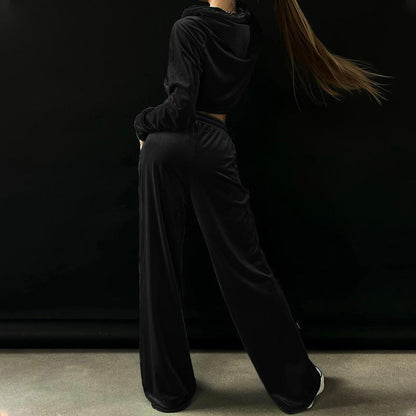 Trousers Set- Sportish Velvet Outfit: Hoodie & Wide-leg Trousers- - Pekosa Women Clothing