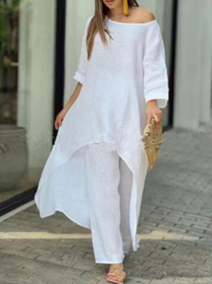 Trousers Set- Vacation Loose 2-Piece Set Asymmetrical Tunic Top + Wide-Leg Trousers- White- IndioGear Fashion and Gear