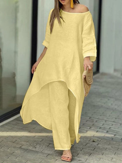 Trousers Set- Vacation Loose 2-Piece Set Asymmetrical Tunic Top + Wide-Leg Trousers- Yellow- IndioGear Fashion and Gear