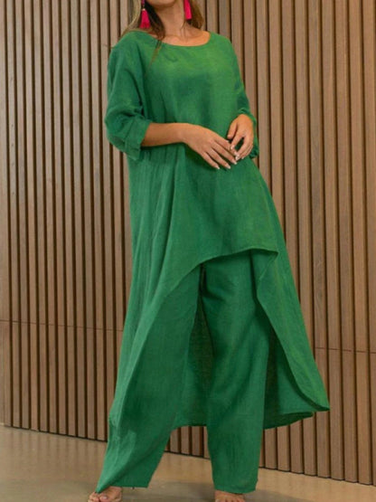 Trousers Set- Vacation Loose 2-Piece Set Asymmetrical Tunic Top + Wide-Leg Trousers- Green- IndioGear Fashion and Gear