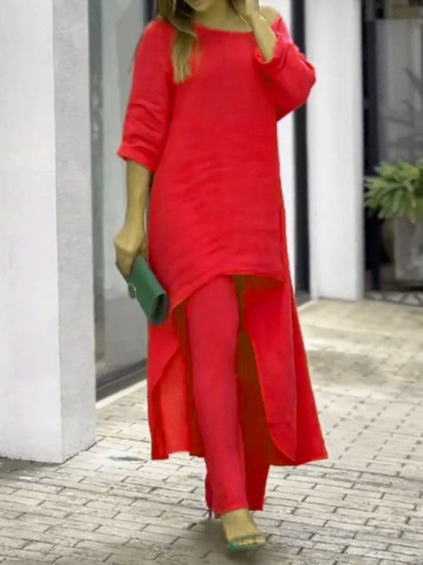 Trousers Set- Vacation Loose 2-Piece Set Asymmetrical Tunic Top + Wide-Leg Trousers- Red- IndioGear Fashion and Gear