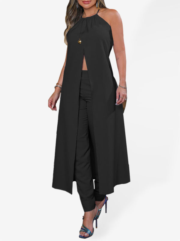 Trousers Set- Women’s 2-Piece Set - Halterneck Long Cami Top + High Rise Trousers- Black- IndioGear Fashion and Gear