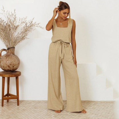 Trousers Set- Women's Cotton 2 Piece Set: Tank Top + Wide-Leg Belted Trousers- Khaki- IndioGear Fashion and Gear